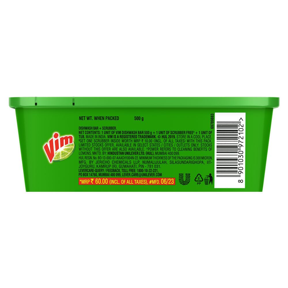Vim Dishwash Bar With Power Of Lemon, 500 g