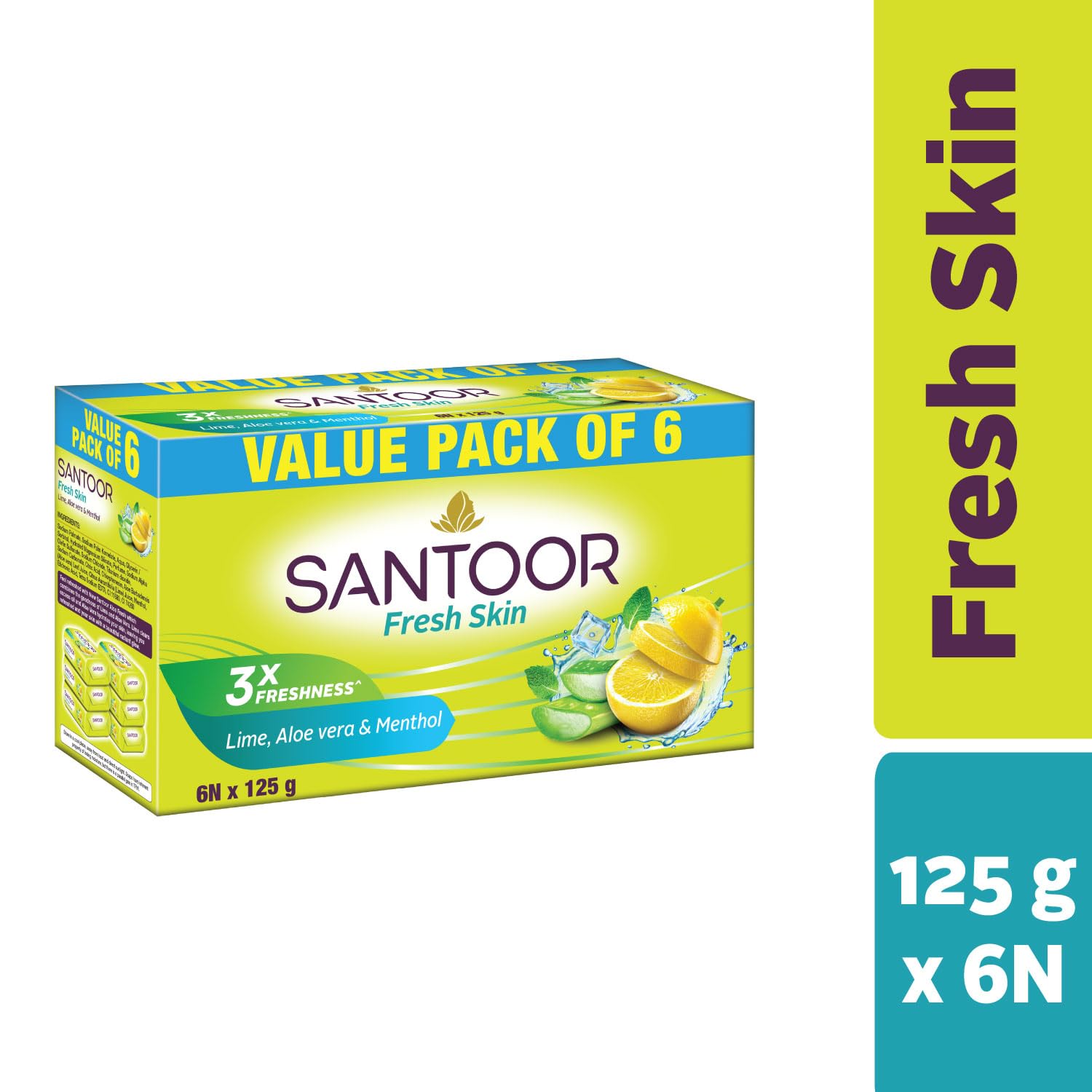 Santoor Fresh Skin Aloe Vera & Lime Soap | 125g, Pack of 6