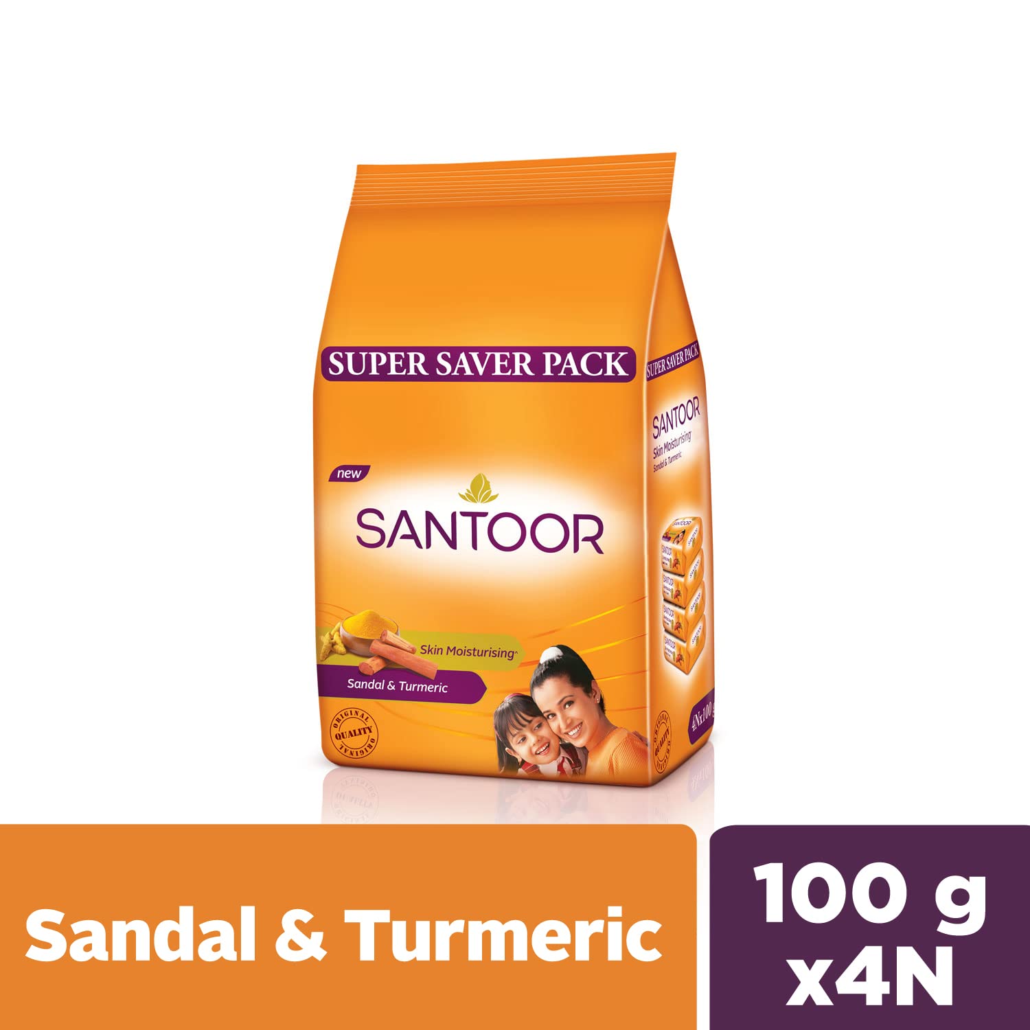 Santoor Skin Moisturizing Sandal & Turmeric  For All Skin Types| Pack of 4, 100g