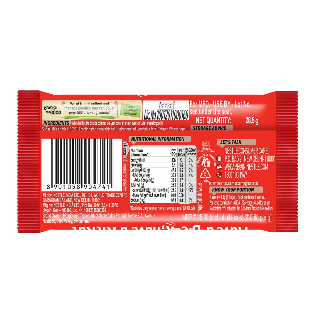 KIT KAT 3 Fingers, Choco Coated Wafer Bar, 28.5g, Pack
