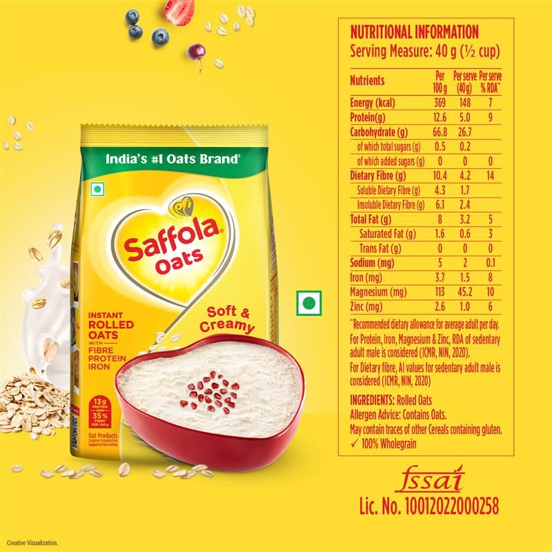Saffola Oats | 1kg with 300g Free| Instant Rolled |Soft & Creamy |
