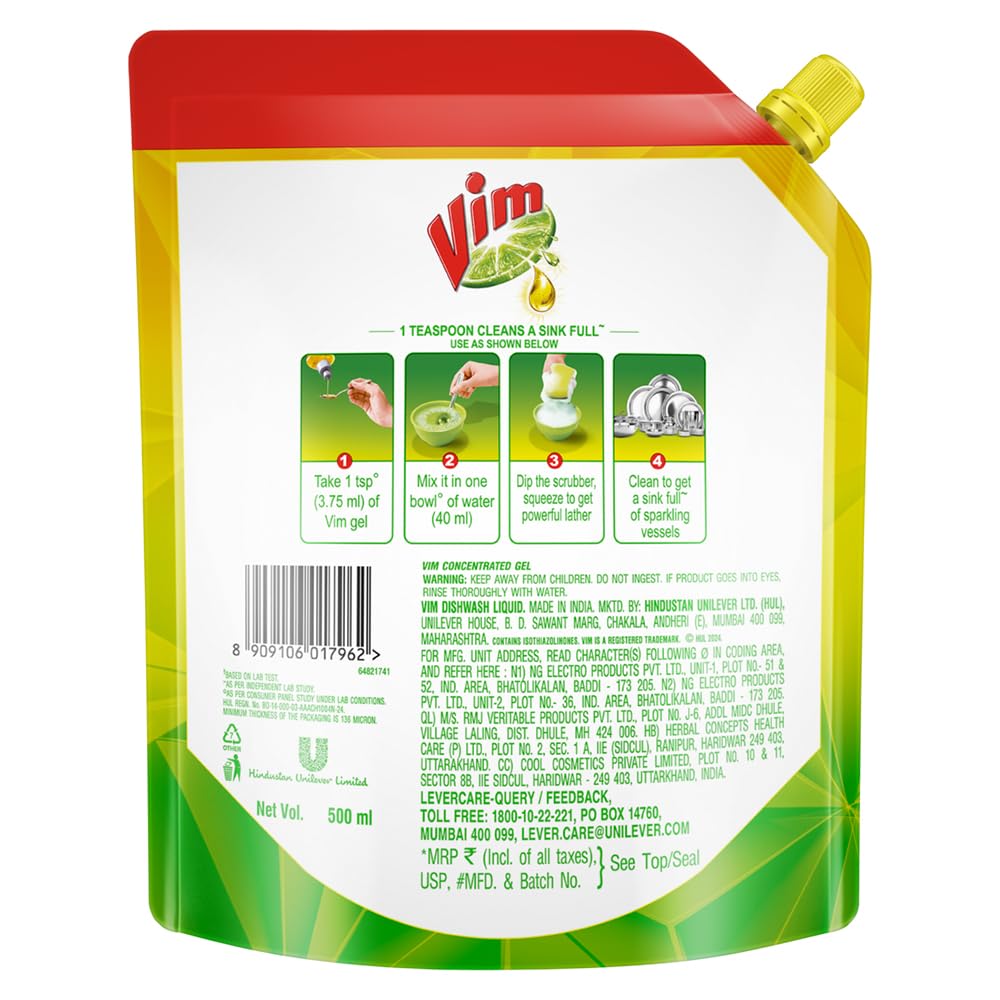 Vim Dishwash Liquid With Lemon Fragrance,  , 500 ml Refill Pouch