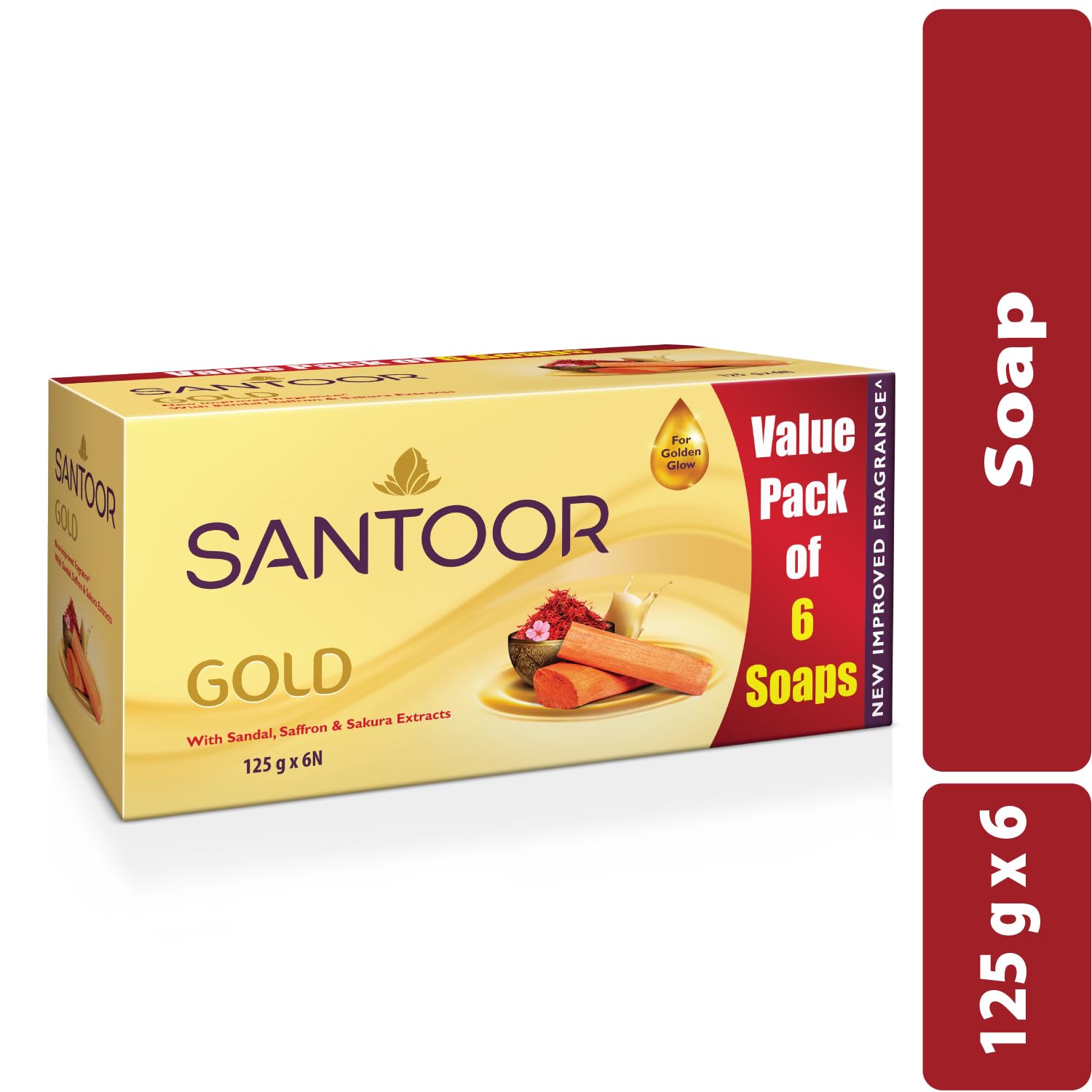 Santoor Gold Bathing Bar Soap with Kashmiri Saffron, For All Skin Types| 125g, Pack of 6