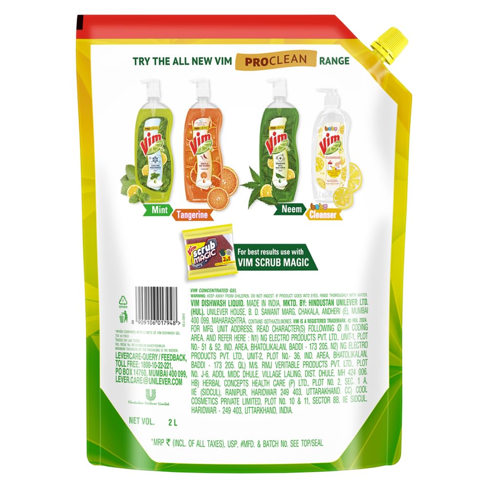 Vim Fresh Lemon Fragrance Dishwash Liquid Gel 2L Refill Pack