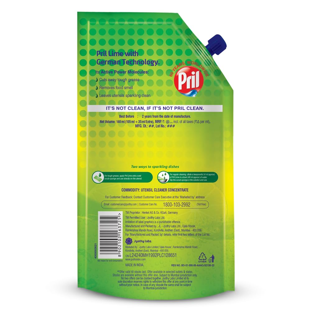 Pril Lime Liquid Dishwash Gel  105ml + 35ml extra Pouch