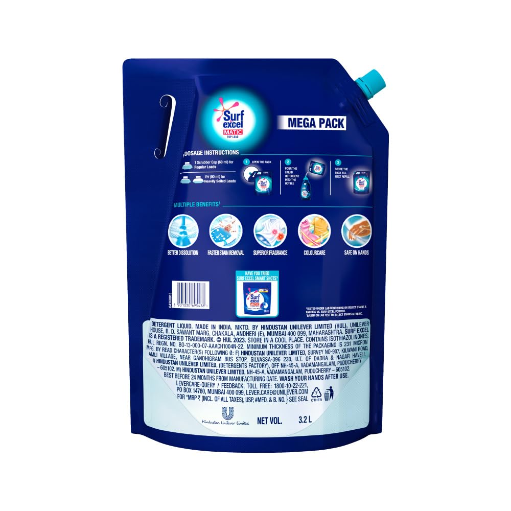 Surf Excel Matic Top Load Liquid Detergent 3.2 L Refill, Designed for Tough Stain Removal on Laundry in Washing Machines - Mega Pack (Package may differ)