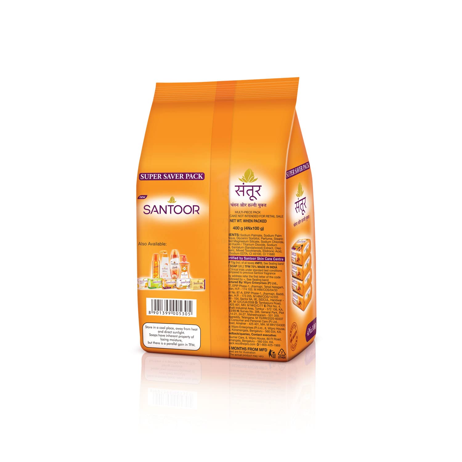 Santoor Skin Moisturizing Sandal & Turmeric  For All Skin Types| Pack of 4, 100g