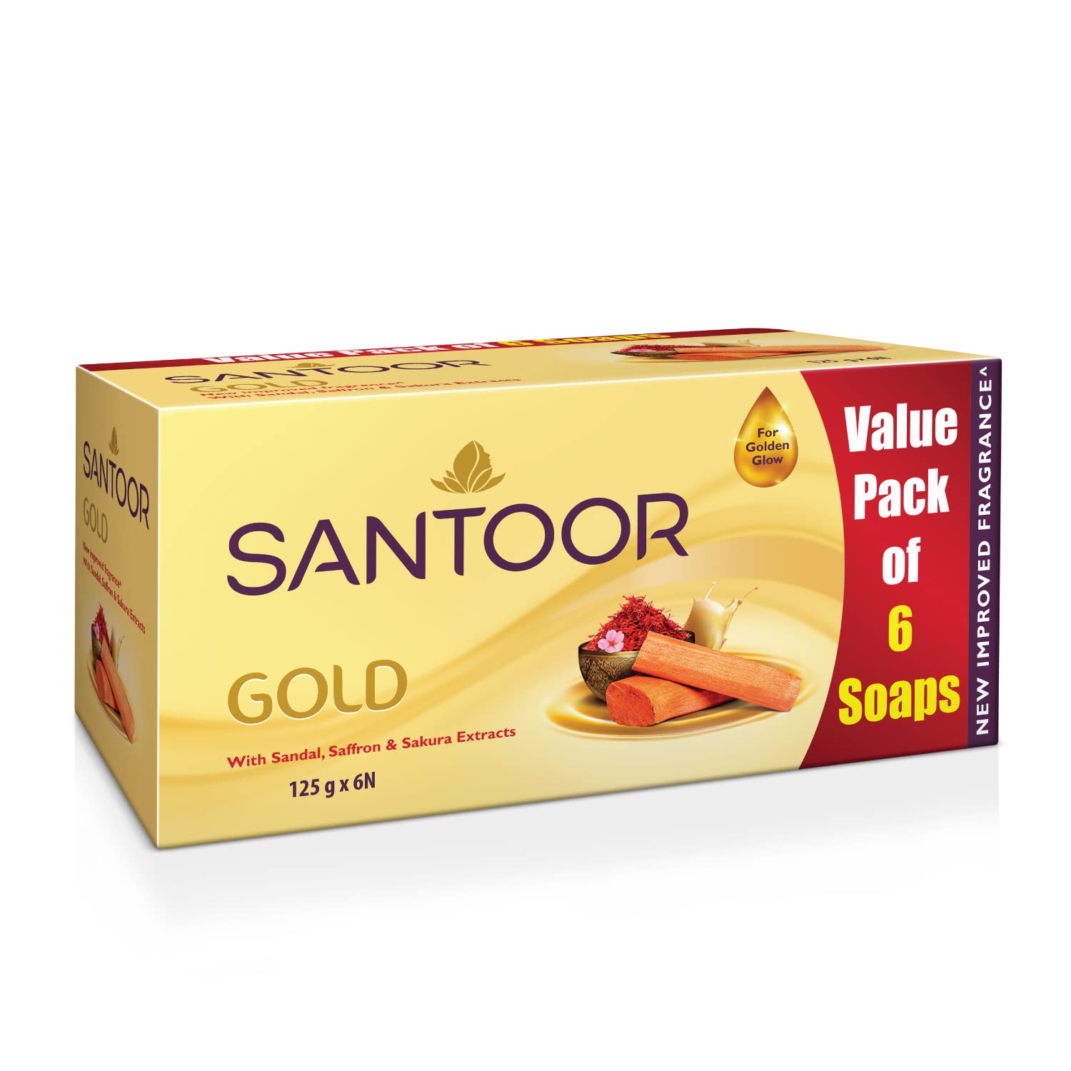 Santoor Gold Bathing Bar Soap with Kashmiri Saffron, For All Skin Types| 125g, Pack of 6