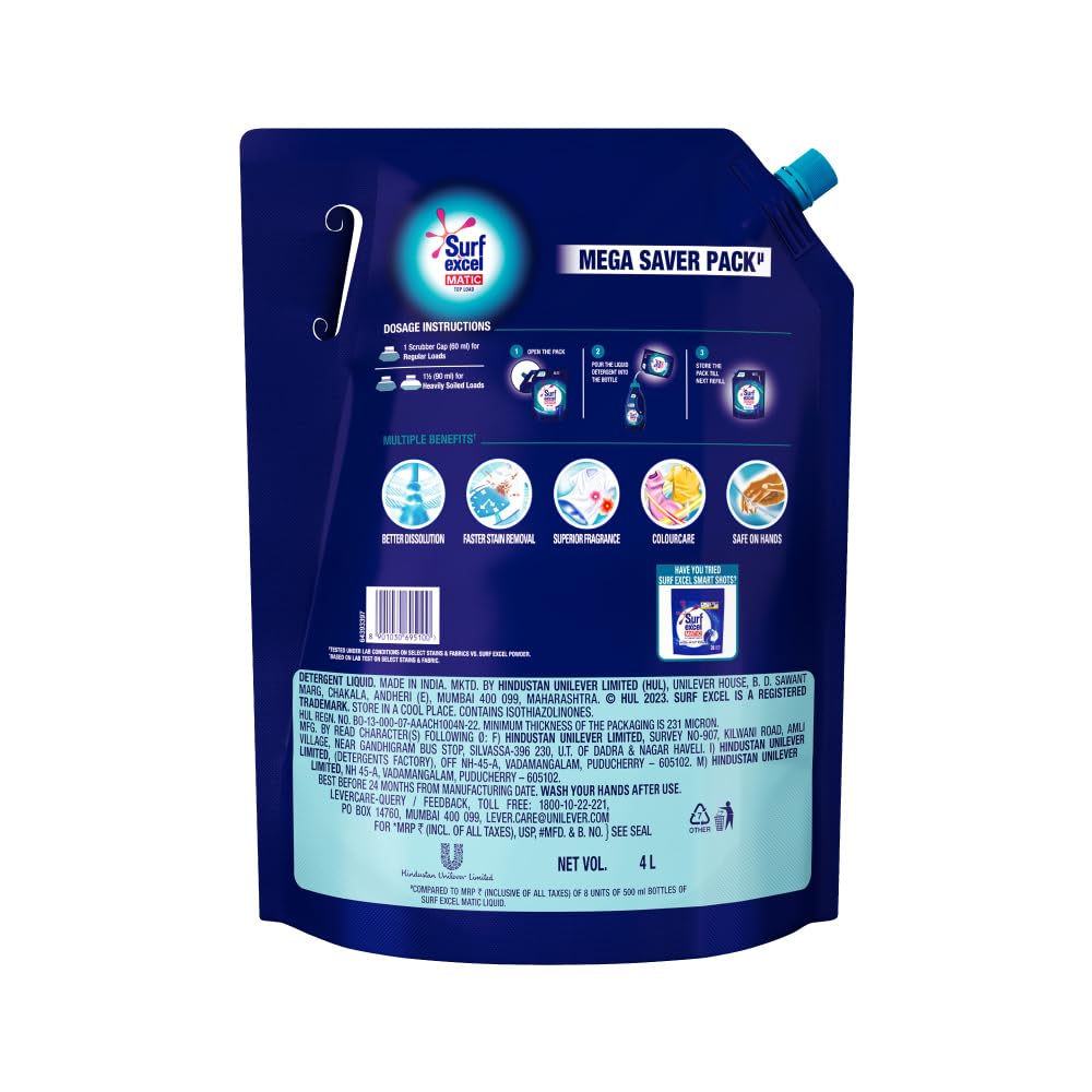 Surf Excel Matic Top Load Liquid Detergent 4L Refill Pouch, Specially designed to remove Tough Dried Stains, 1st time in Washing Machine