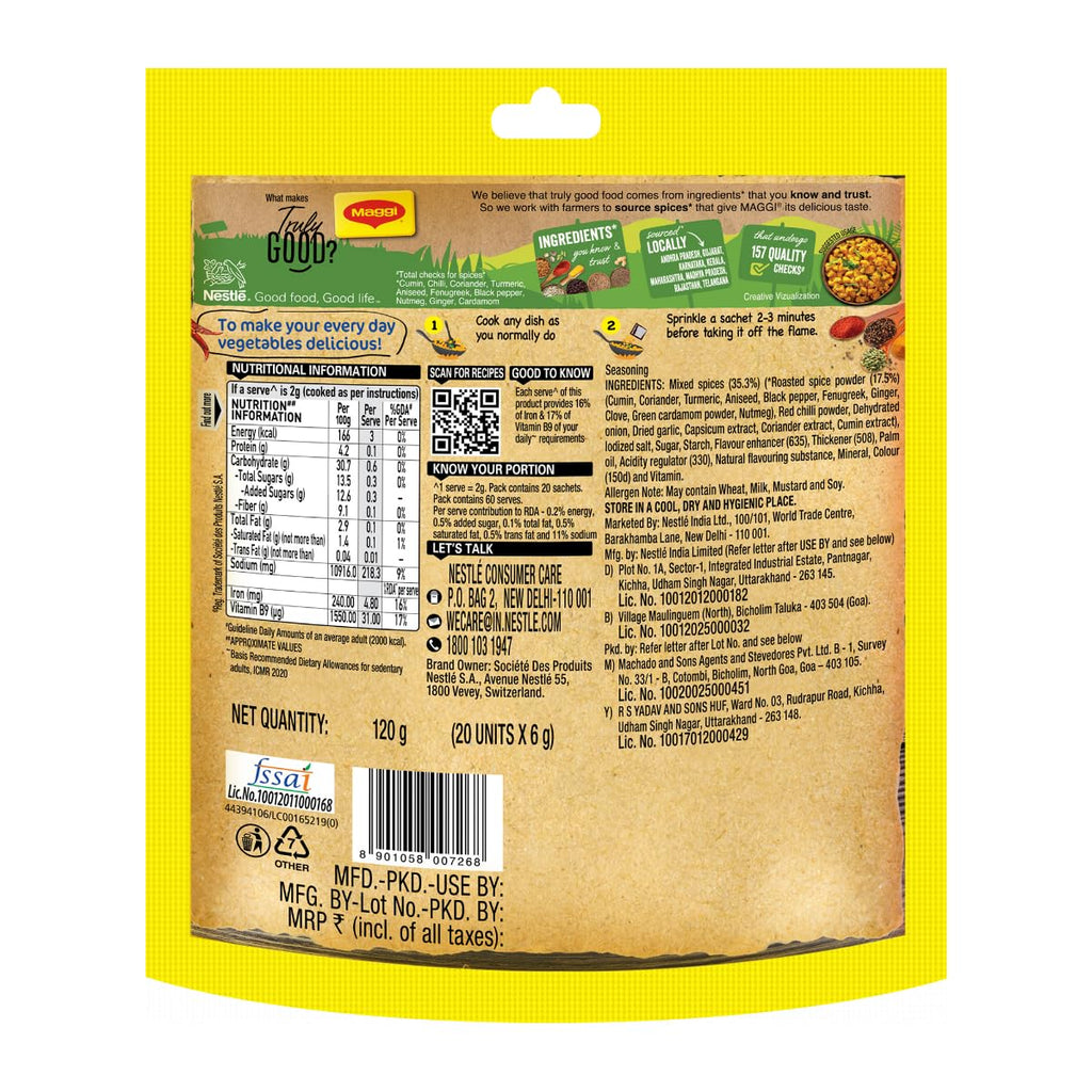 MAGGI Masala-Vegetable Masala, All in One | 120g Pouch (6g x 20 Sachets)