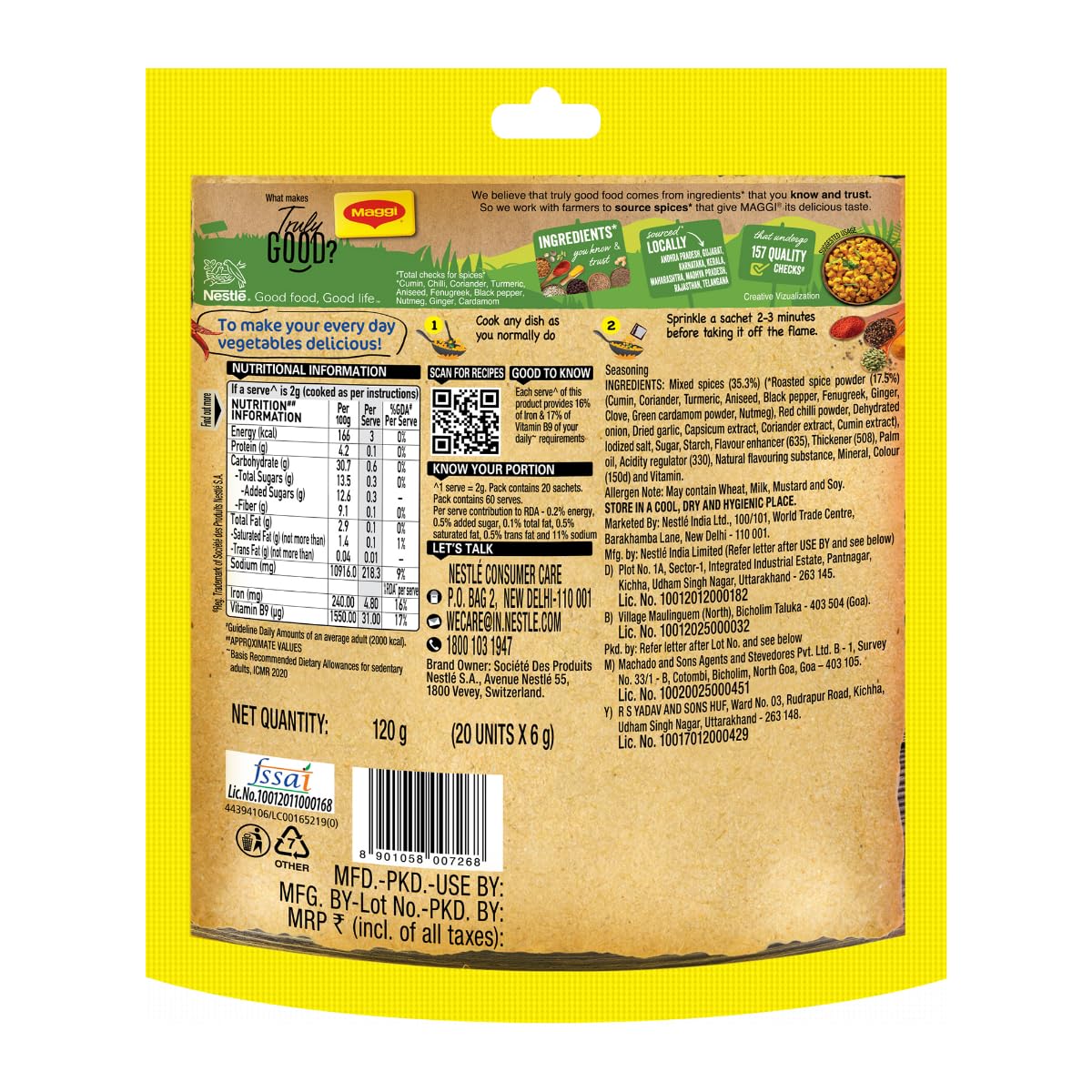 MAGGI Masala-Vegetable Masala, All in One | 120g Pouch (6g x 20 Sachets)