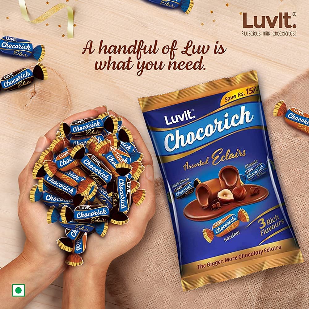 LuvIt. Chocorich Assorted Eclairs Chocolate Birthday Pack | Hazelnut, Dark Choco & Classic | 60 Pieces - 480 Gm