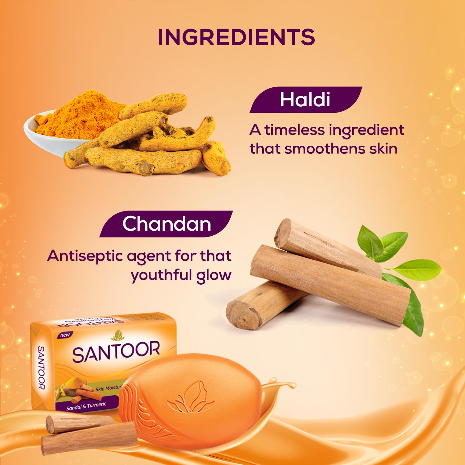 Santoor Sandal & Turmeric Soap for Total Skin Care, 125g (Pack of 4)