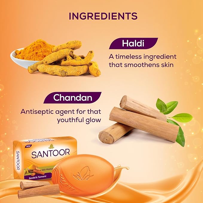 Santoor Skin Moisturizing Sandal & Turmeric   For All Skin Types| Pack of 8, 125g