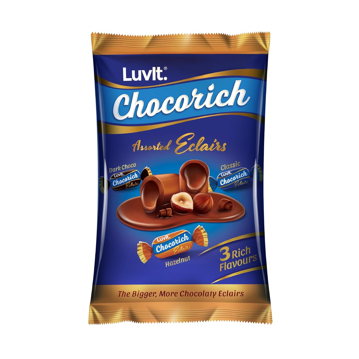 LuvIt. Chocorich Assorted Eclairs Chocolate Birthday Pack | Hazelnut, Dark Choco & Classic | 60 Pieces - 480 Gm