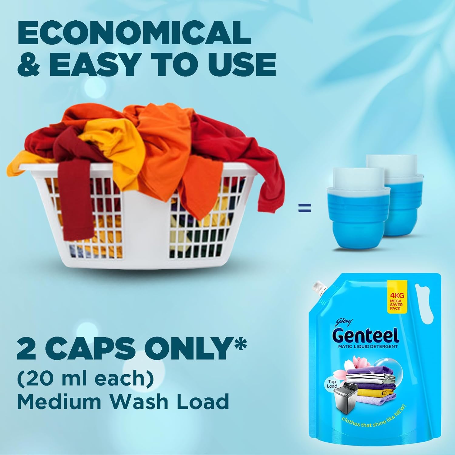 Genteel Matic Liquid Detergent Refill Pouch for Top load Washing - 2kg | No Soda Formula | with Added Fabric Conditioner