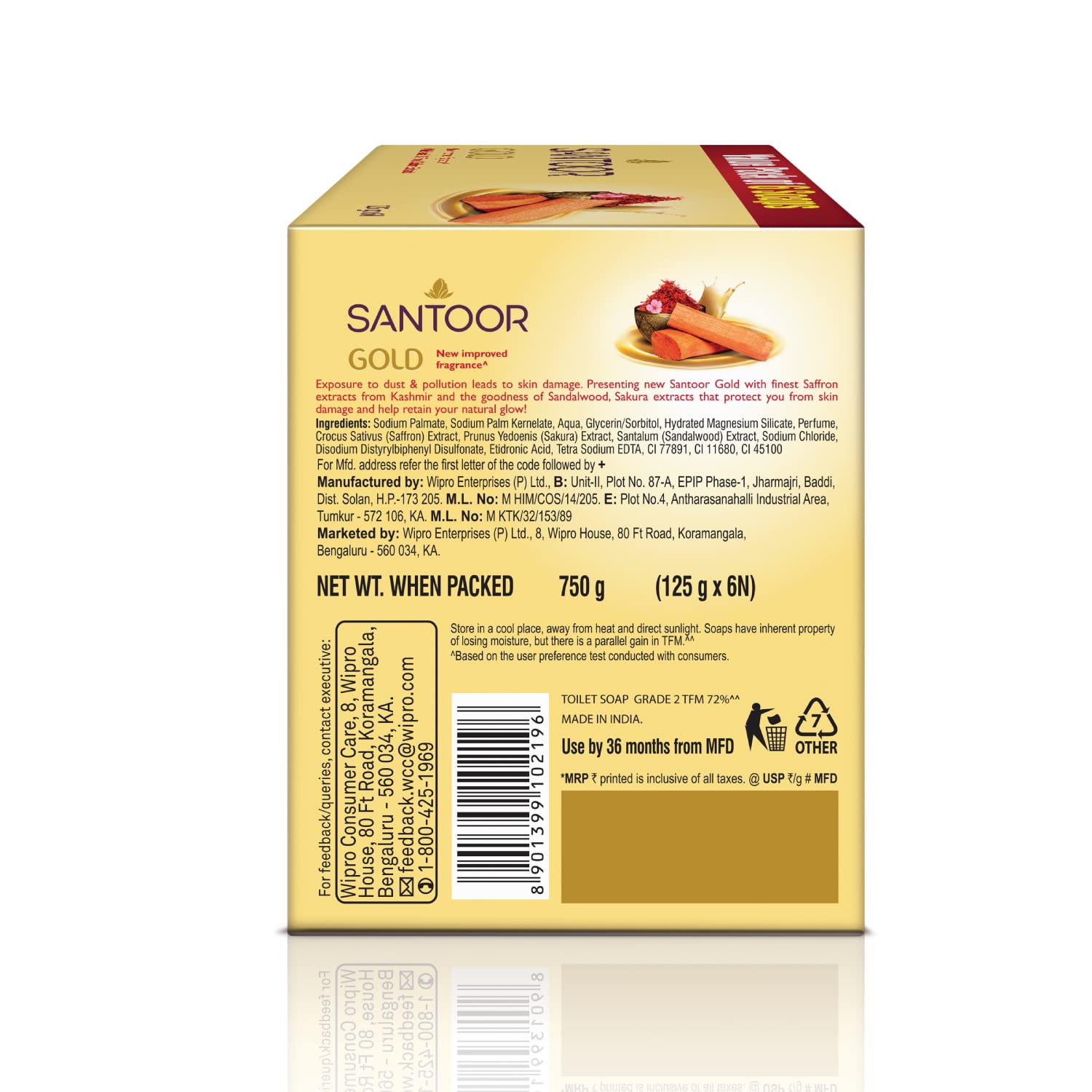 Santoor Gold Bathing Bar Soap with Kashmiri Saffron, For All Skin Types| 125g, Pack of 6