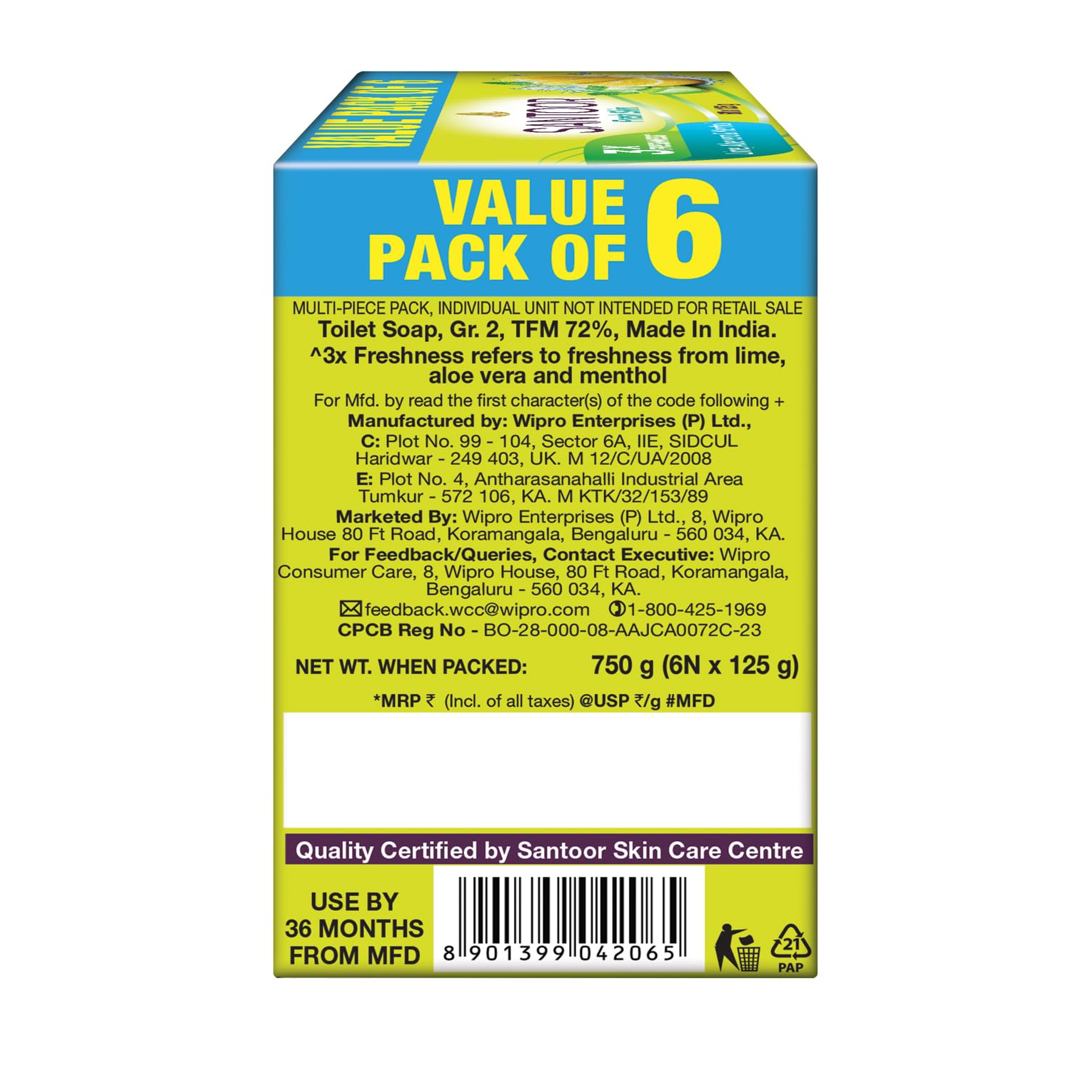 Santoor Fresh Skin Aloe Vera & Lime Soap | 125g, Pack of 6