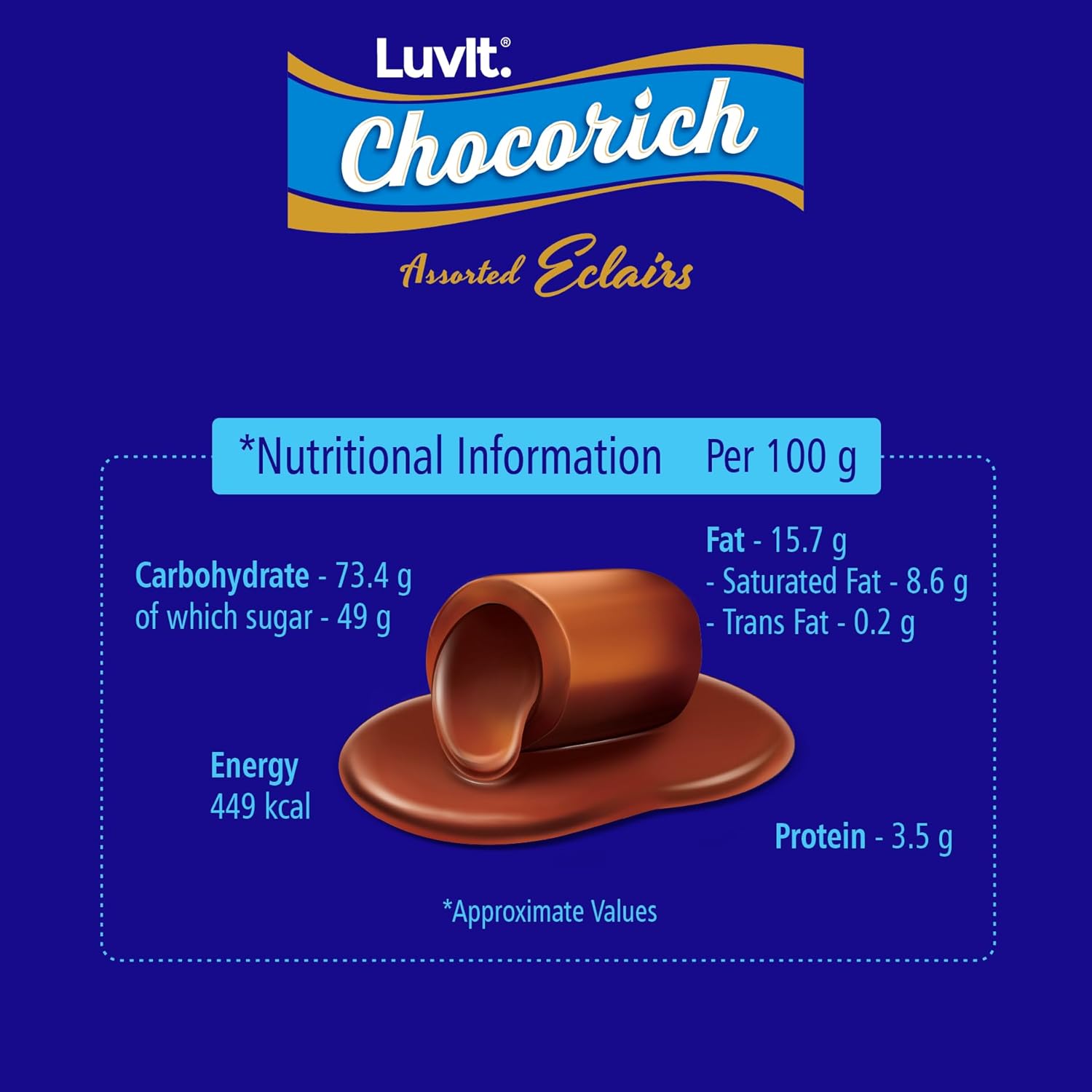 LuvIt. Chocorich Assorted Eclairs Chocolate Birthday Pack | Hazelnut, Dark Choco & Classic | 60 Pieces - 480 Gm