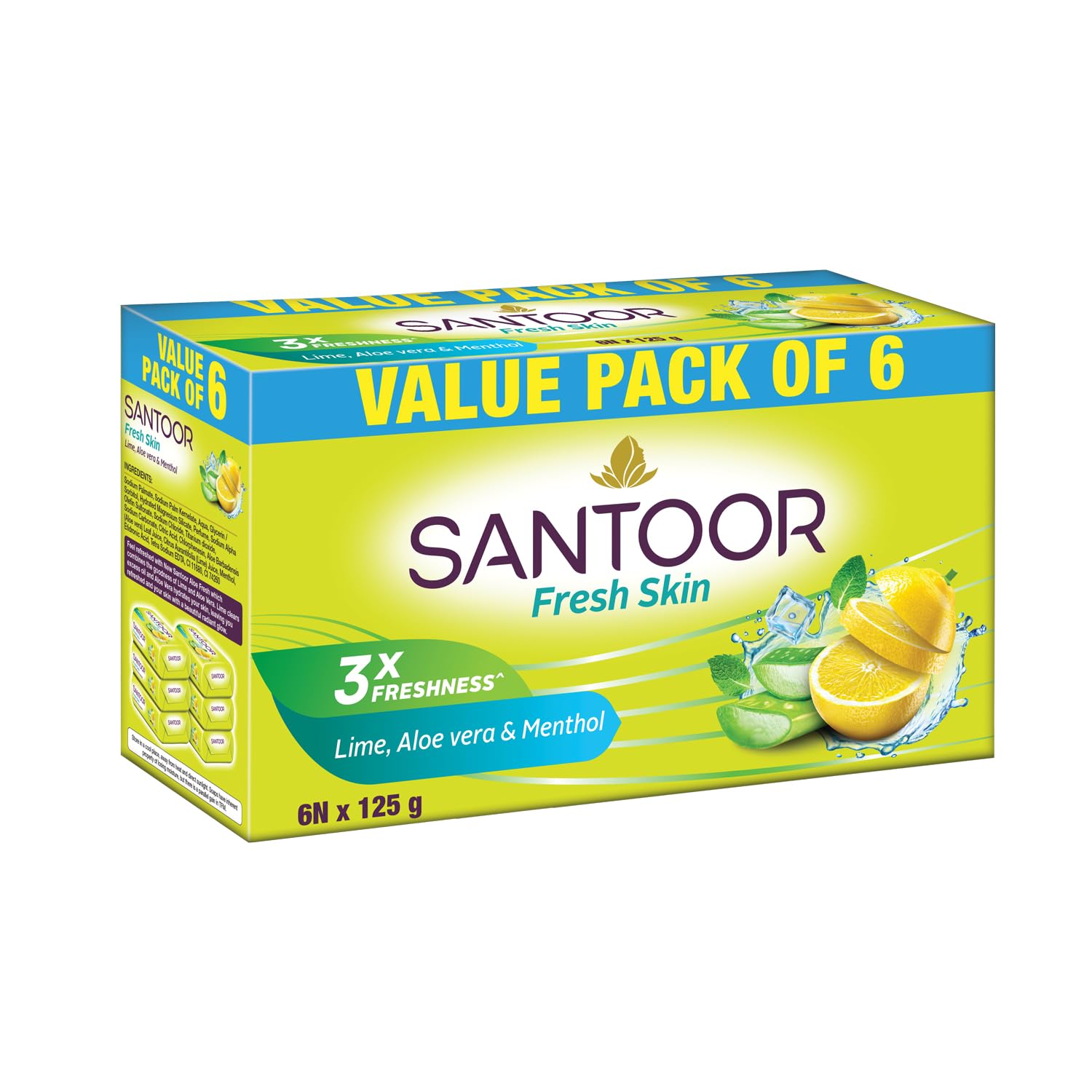 Santoor Fresh Skin Aloe Vera & Lime Soap | 125g, Pack of 6