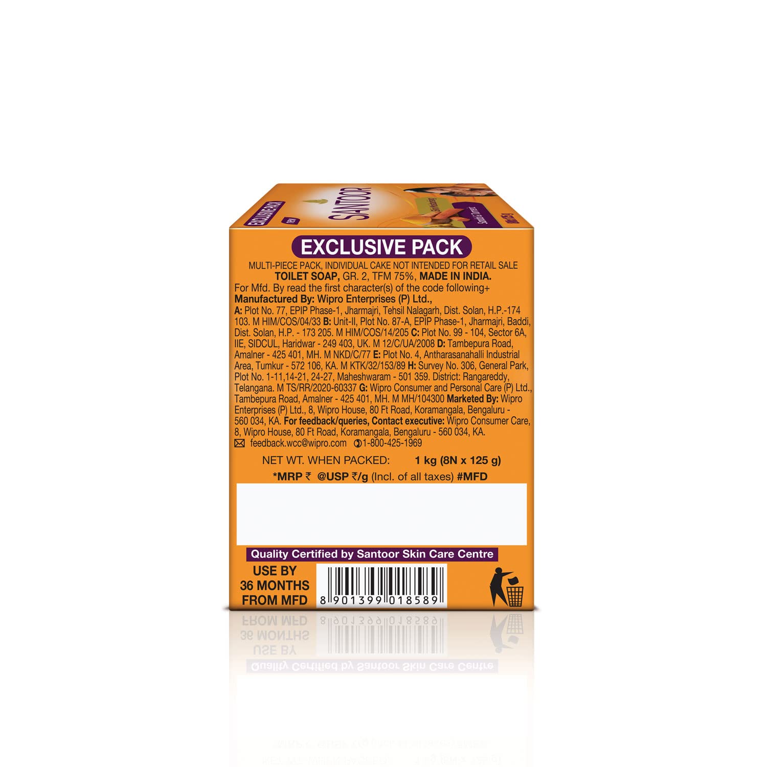 Santoor Skin Moisturizing Sandal & Turmeric   For All Skin Types| Pack of 8, 125g