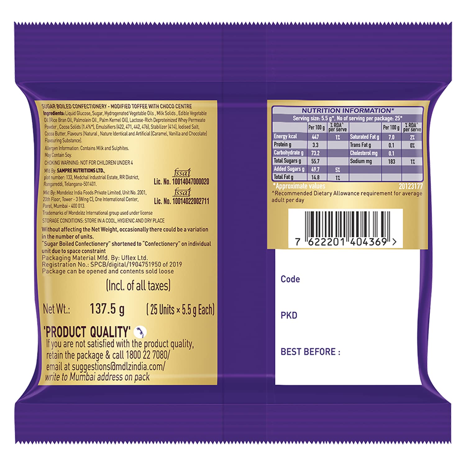 Cadbury Choclairs Chocolate Gold Candy, 137 G|25 Pieces - 5.5 Gram Each