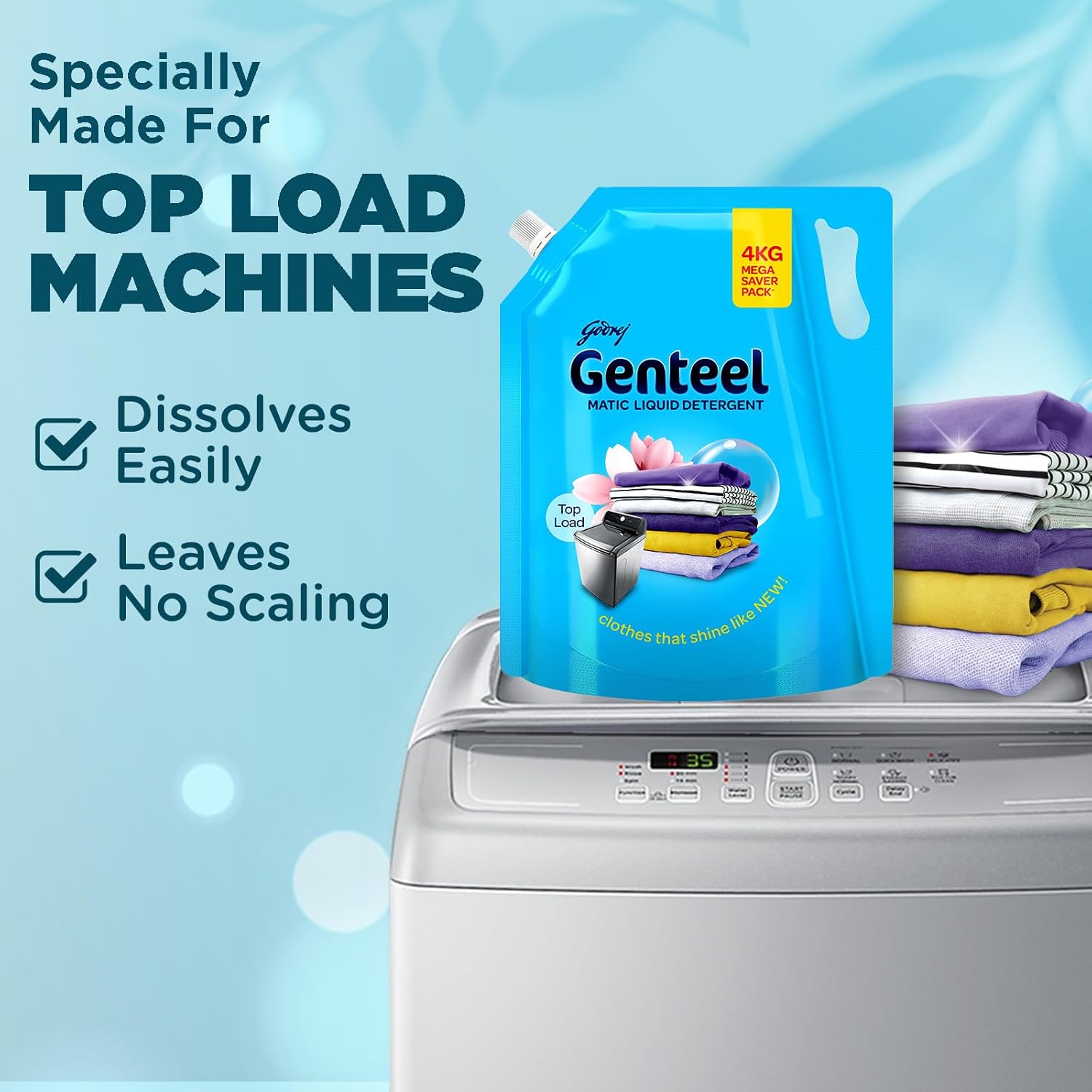 Genteel Matic Liquid Detergent Refill Pouch for Top load Washing - 2kg | No Soda Formula | with Added Fabric Conditioner