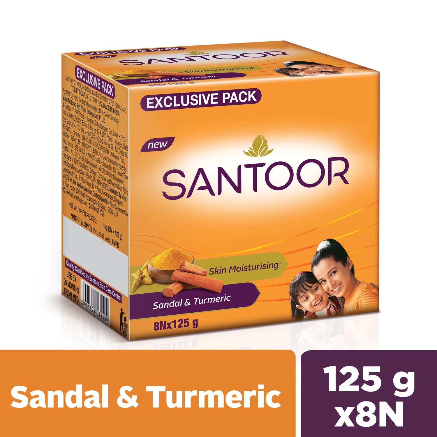 Santoor Skin Moisturizing Sandal & Turmeric   For All Skin Types| Pack of 8, 125g