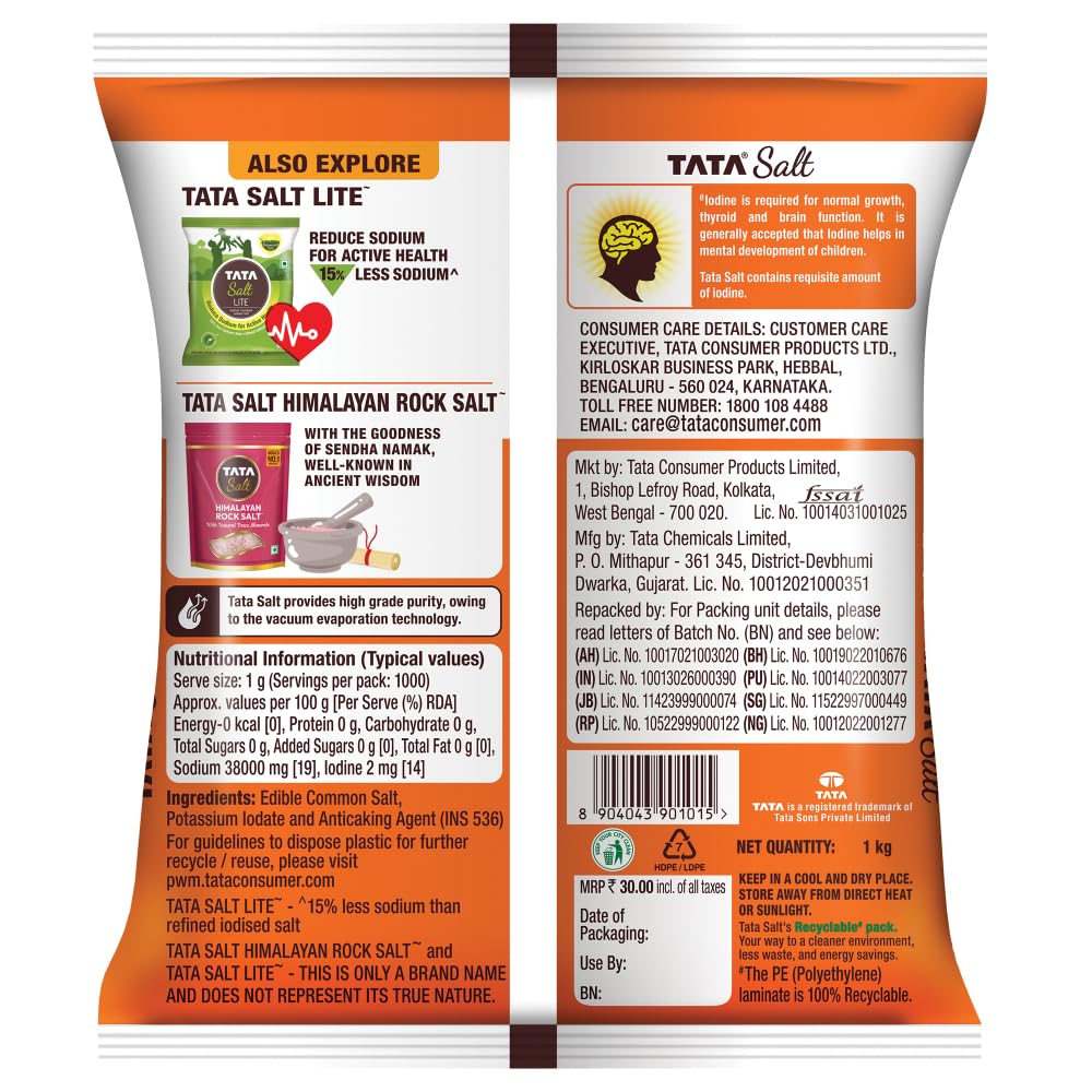 Tata Salt 1 Kg, Free Flowing and Iodised Namak,: TATA SALT