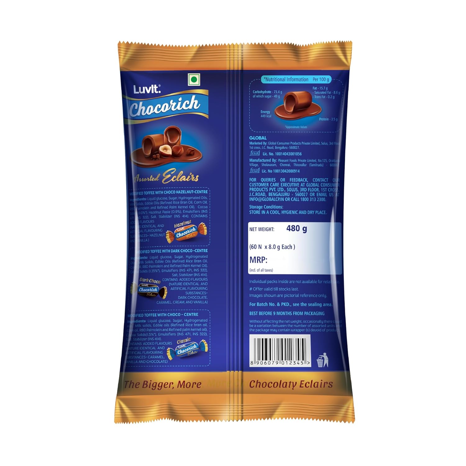 LuvIt. Chocorich Assorted Eclairs Chocolate Birthday Pack | Hazelnut, Dark Choco & Classic | 60 Pieces - 480 Gm