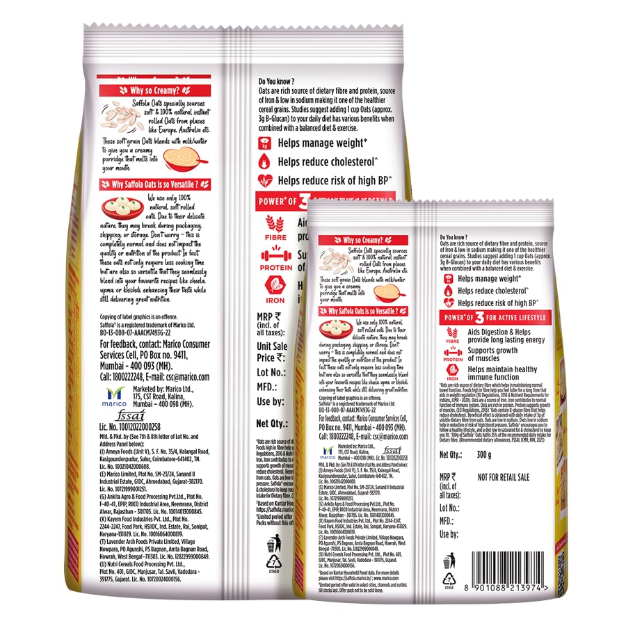 Saffola Oats | 1kg with 300g Free| Instant Rolled |Soft & Creamy |