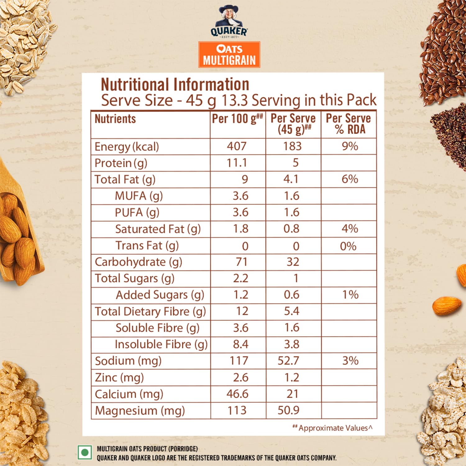 Quaker Oats Multigrain 600g, Rolled Oats, with Ragi, Barley, Flax seeds, and Wheat