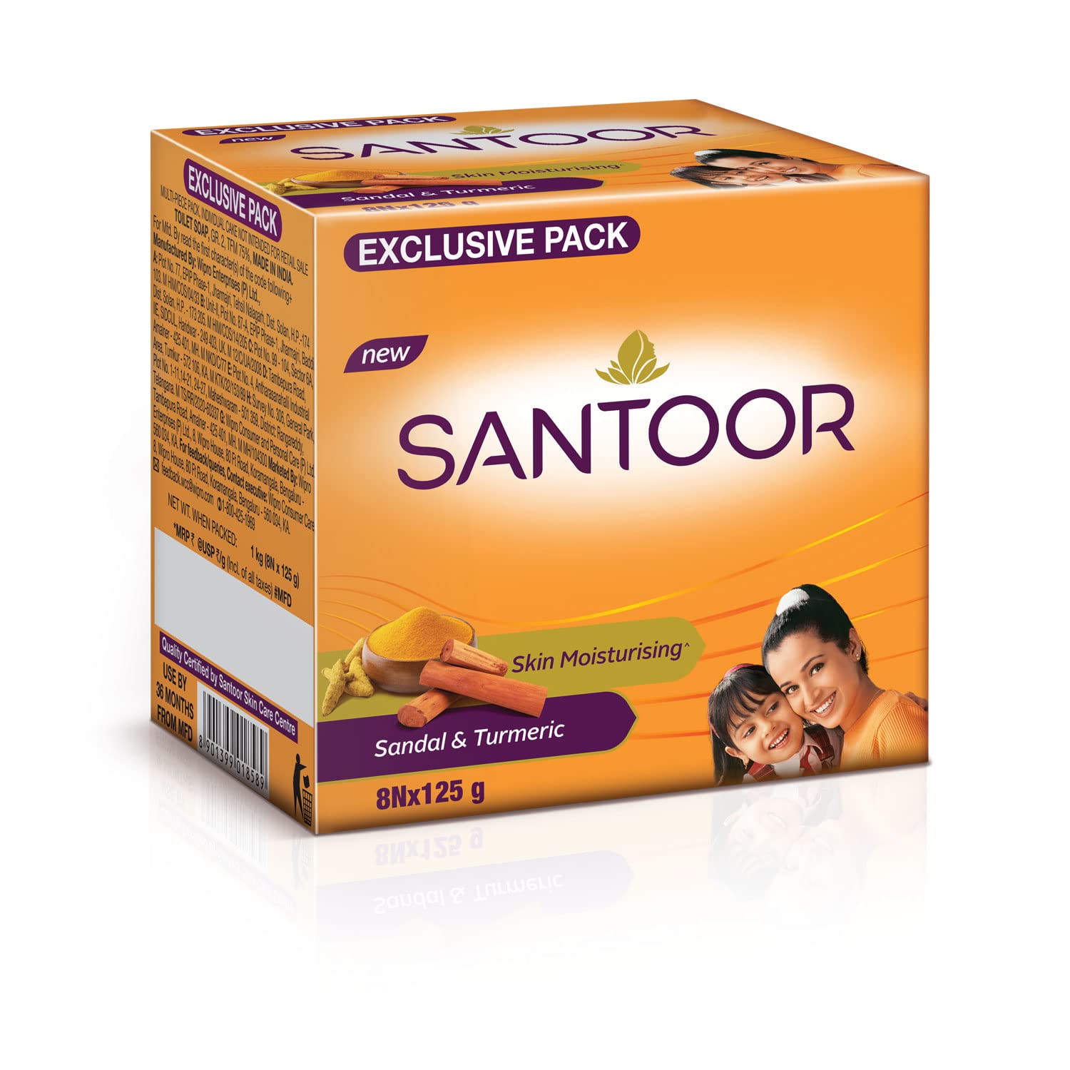 Santoor Skin Moisturizing Sandal & Turmeric   For All Skin Types| Pack of 8, 125g