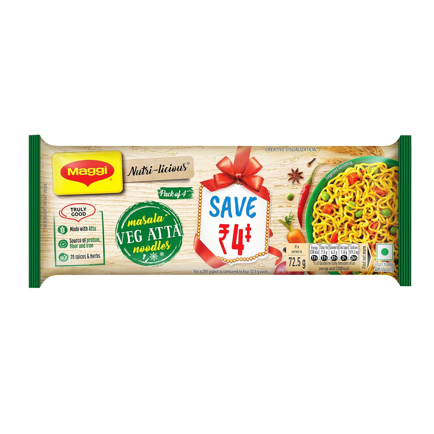 MAGGI Nutri-licious Veg Atta Masala Noodles, Instant Noodles with 20 Spices &amp; Delicious Taste, 290 g Packet