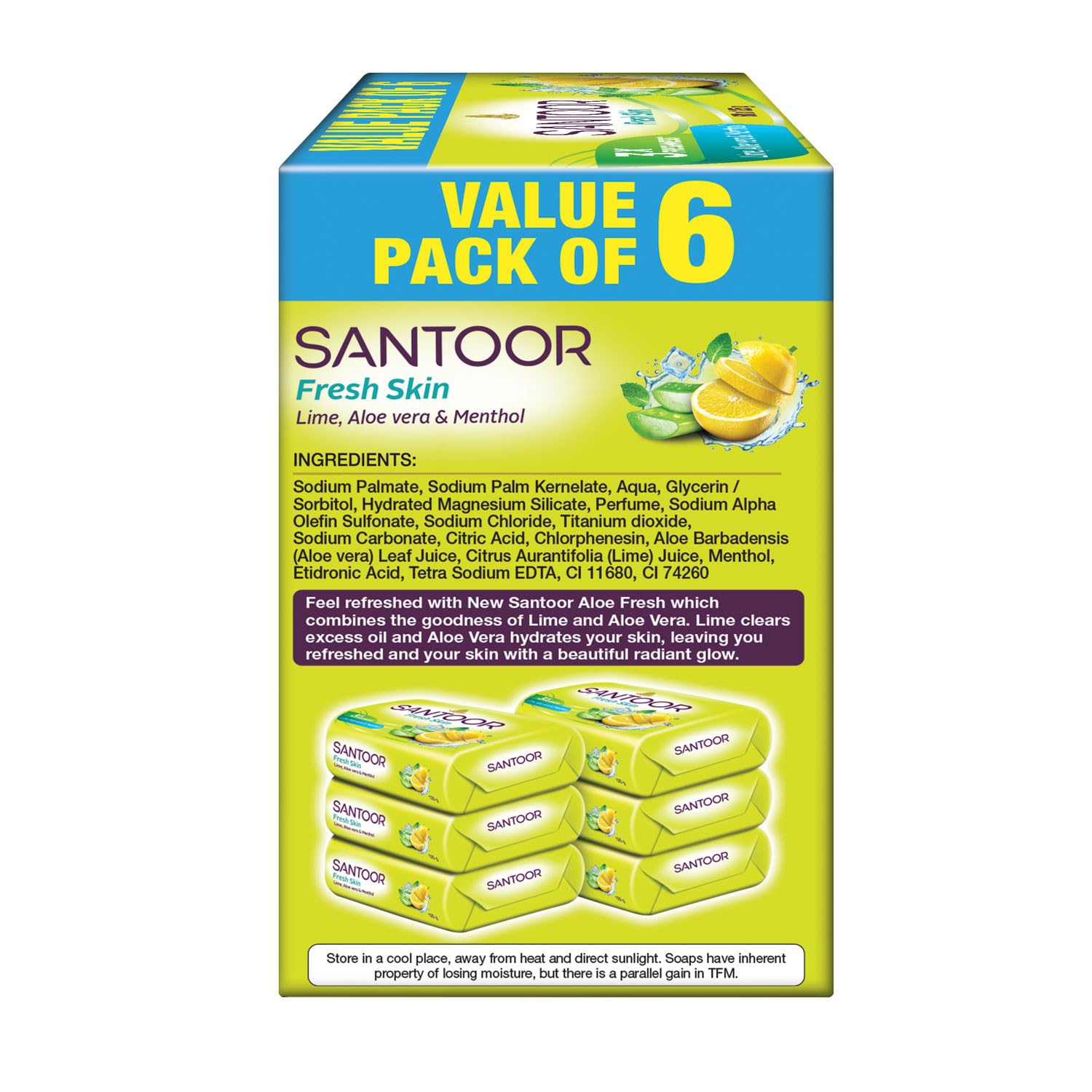 Santoor Fresh Skin Aloe Vera & Lime Soap | 125g, Pack of 6