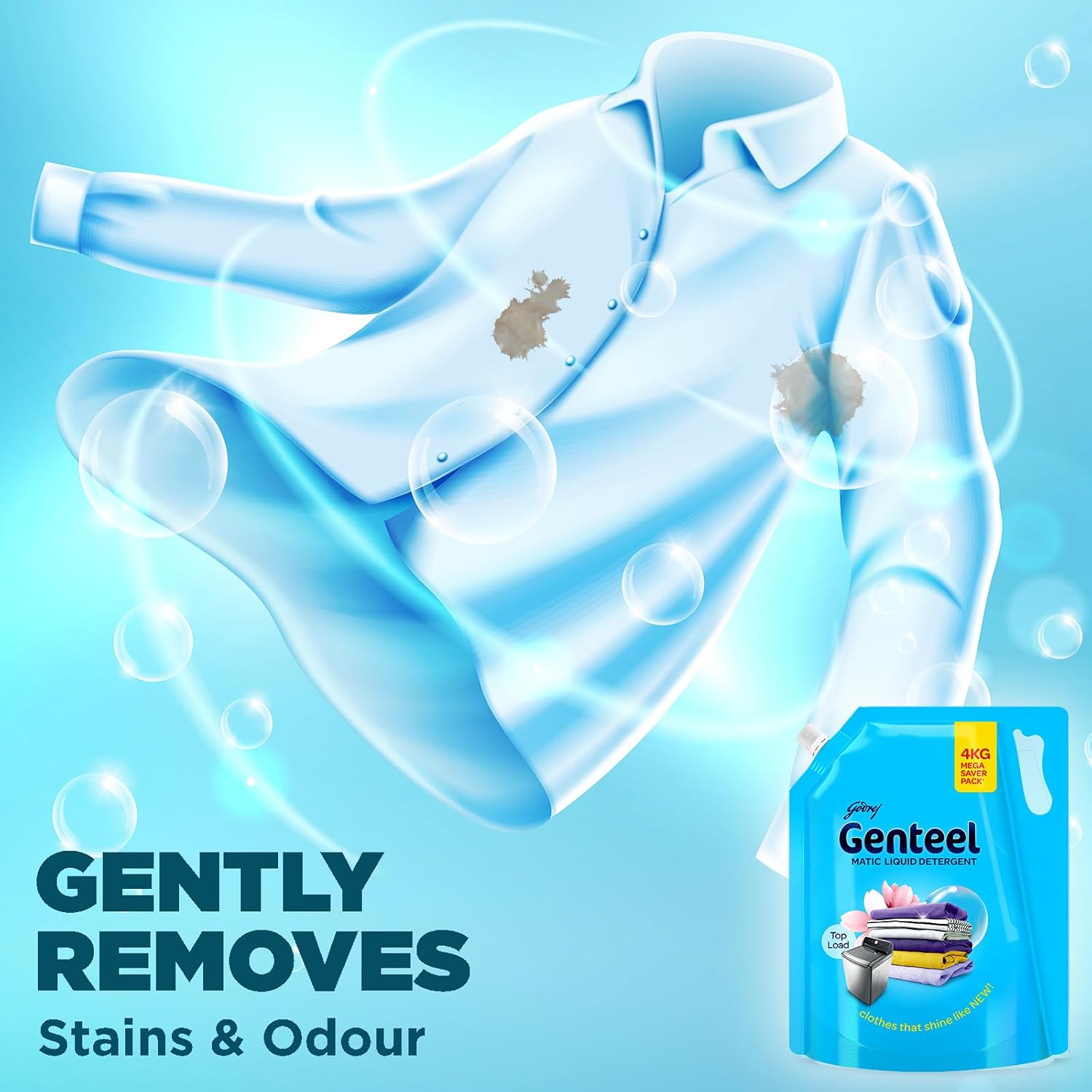 Genteel Matic Liquid Detergent Refill Pouch for Top load Washing - 2kg | No Soda Formula | with Added Fabric Conditioner