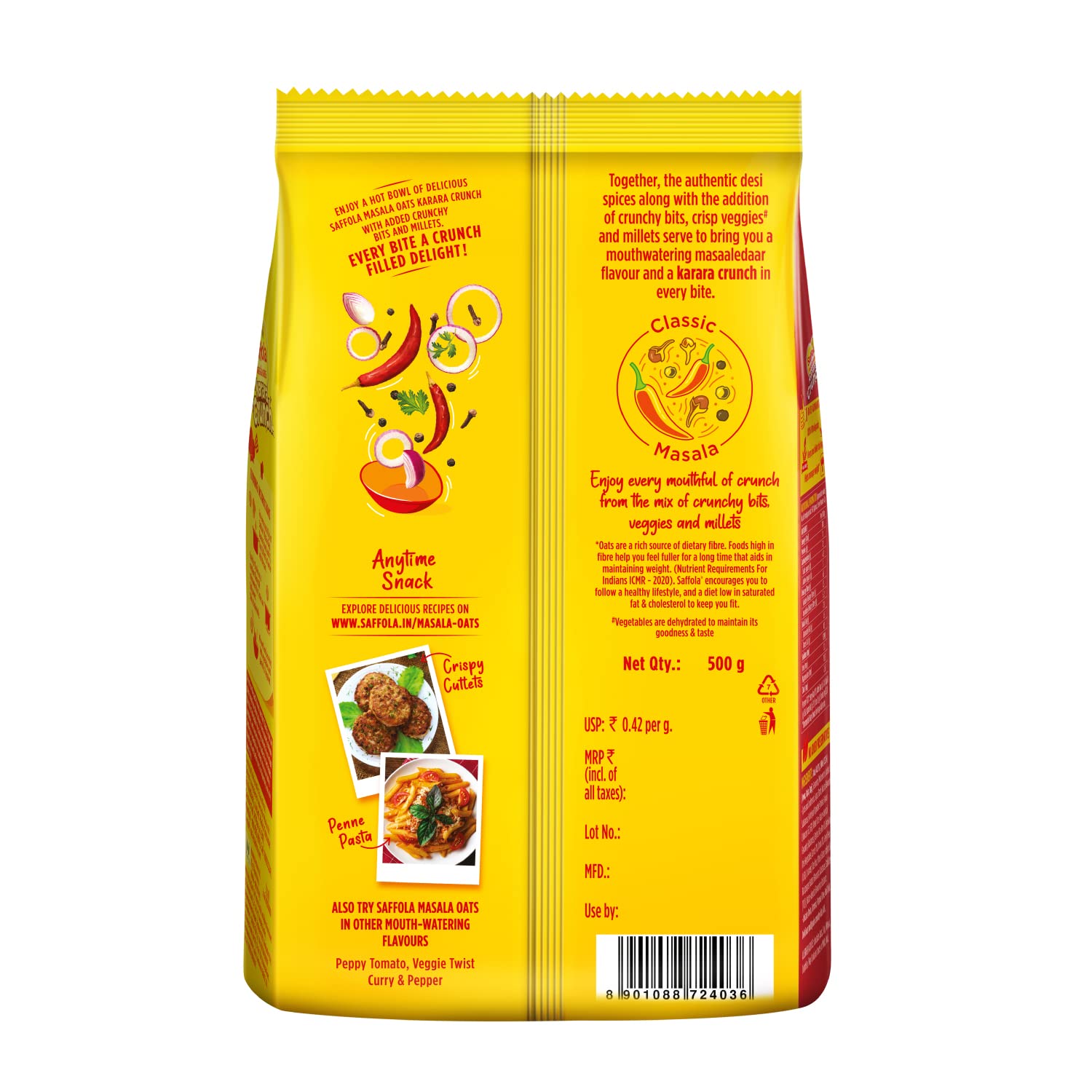 Saffola Masala Oats Karara Crunch,  500g| Tasty Evening Snack,