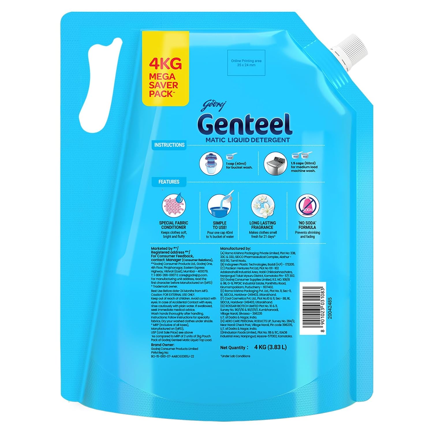 Genteel Matic Liquid Detergent Refill Pouch for Top load Washing - 2kg | No Soda Formula | with Added Fabric Conditioner