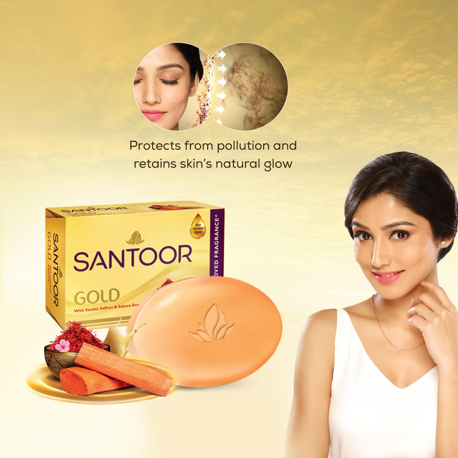 Santoor Gold Bathing Bar Soap with Kashmiri Saffron, For All Skin Types| 125g, Pack of 6