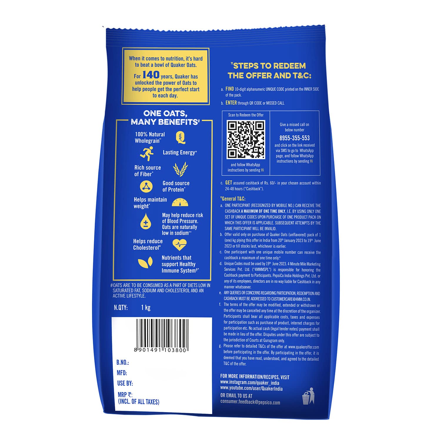 Quaker Oats 1Kg, Rolled Oats Natural Wholegrain, Nutritious Breakfast Cereals
