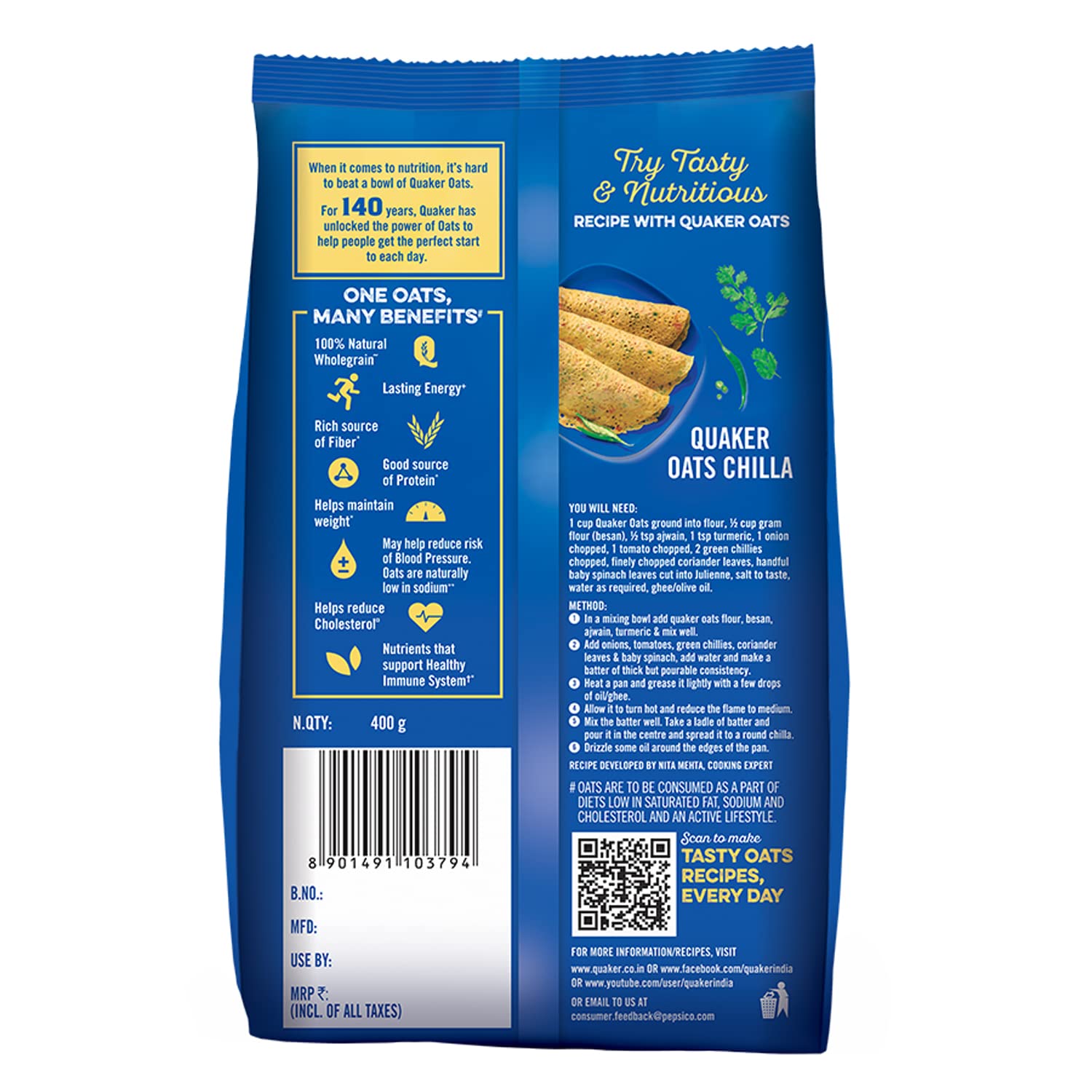 Quaker Oats 400g, Oats Natural Wholegrain