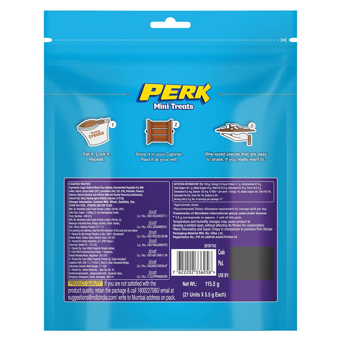 Cadbury Perk Mini Treats Chocolate Coated Wafers Bars, 115.5 g