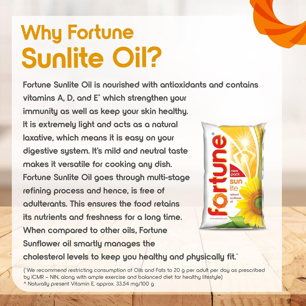 Fortune Sunlite Refined Sunflower Oil, 870gm Pouch (Weight May Vary)