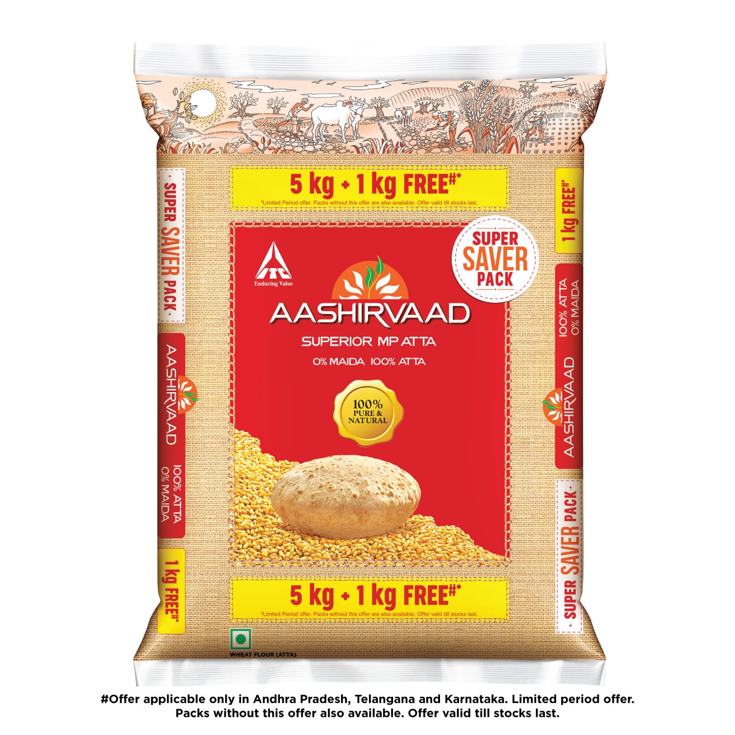 Aashirvaad Superior MP Atta, 100% Whole Wheat Flour, 0% Maida, 5kg