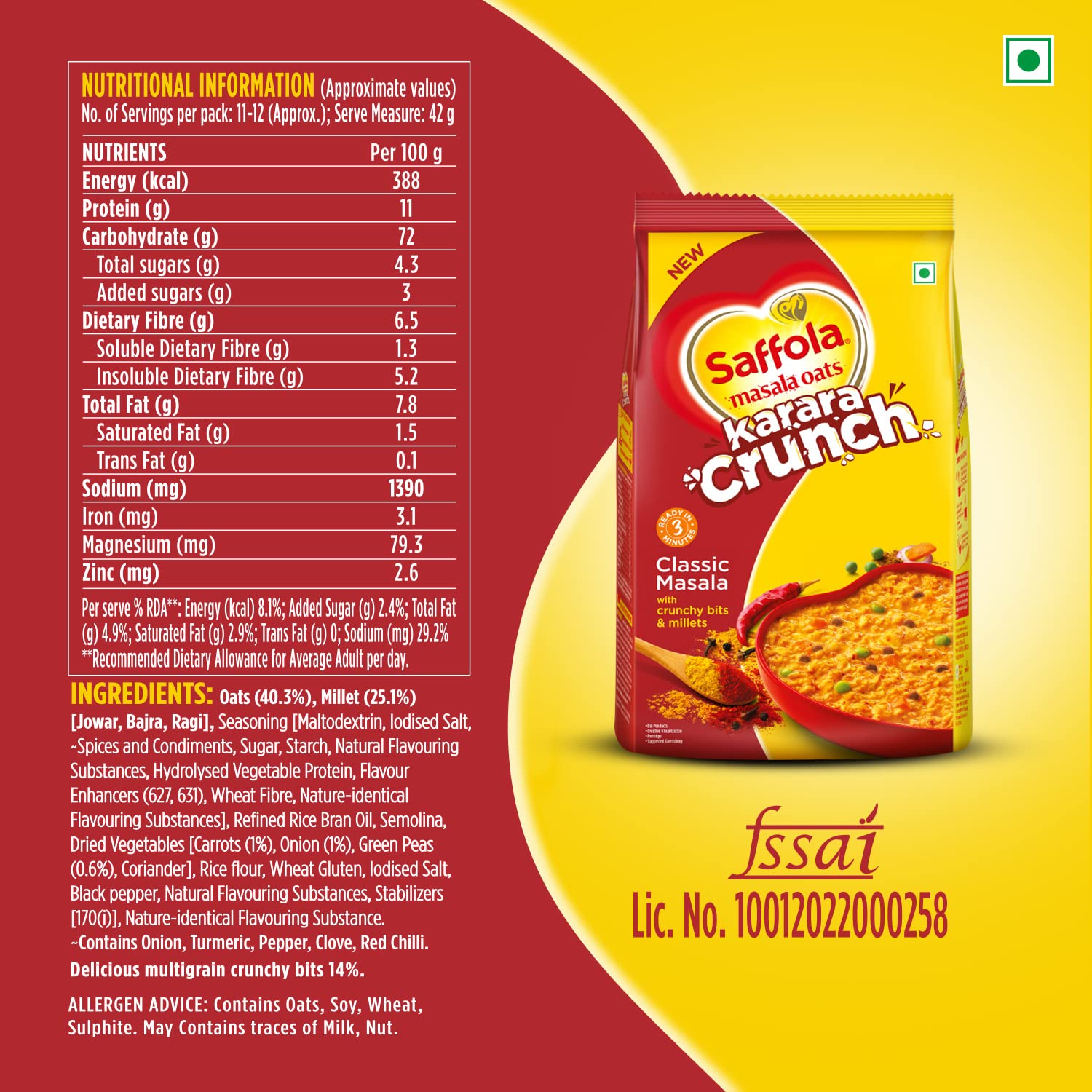 Saffola Masala Oats Karara Crunch,  500g| Tasty Evening Snack,