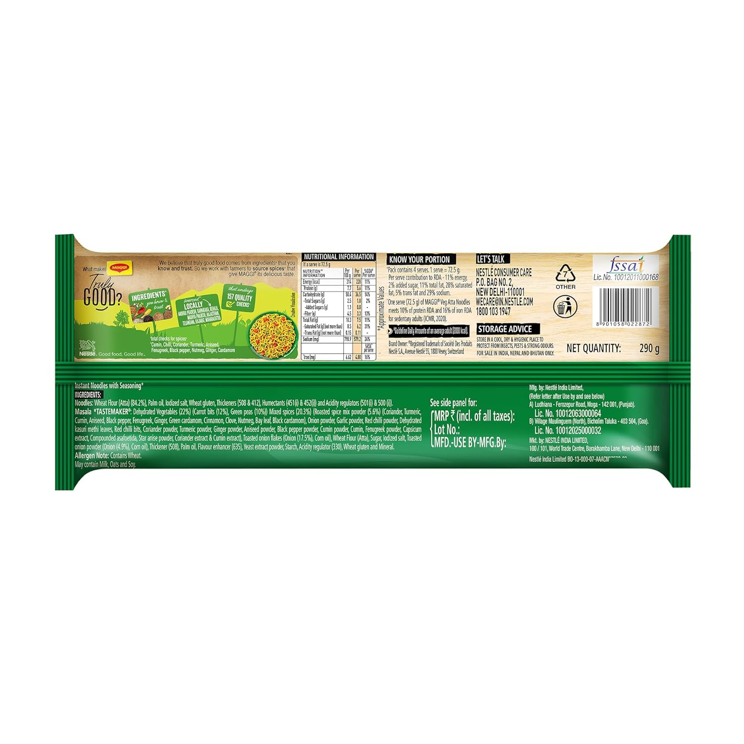 MAGGI Nutri-licious Veg Atta Masala Noodles, Instant Noodles with 20 Spices &amp; Delicious Taste, 290 g Packet
