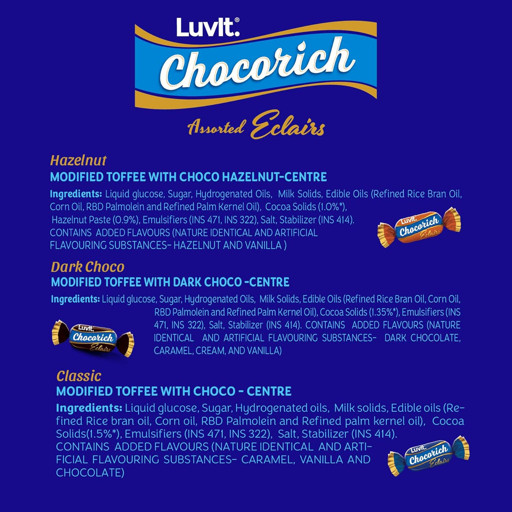 LuvIt. Chocorich Assorted Eclairs Chocolate Birthday Pack | Hazelnut, Dark Choco & Classic | 60 Pieces - 480 Gm