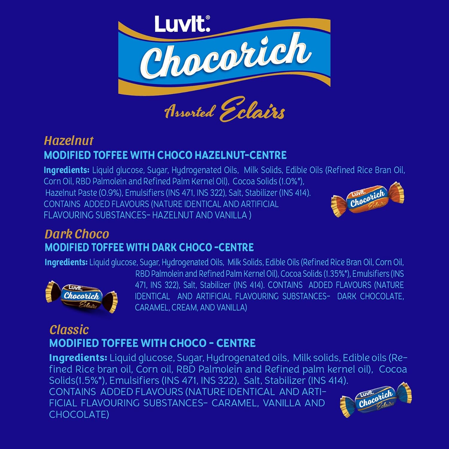 LuvIt. Chocorich Assorted Eclairs Chocolate Birthday Pack | Hazelnut, Dark Choco & Classic | 60 Pieces - 480 Gm