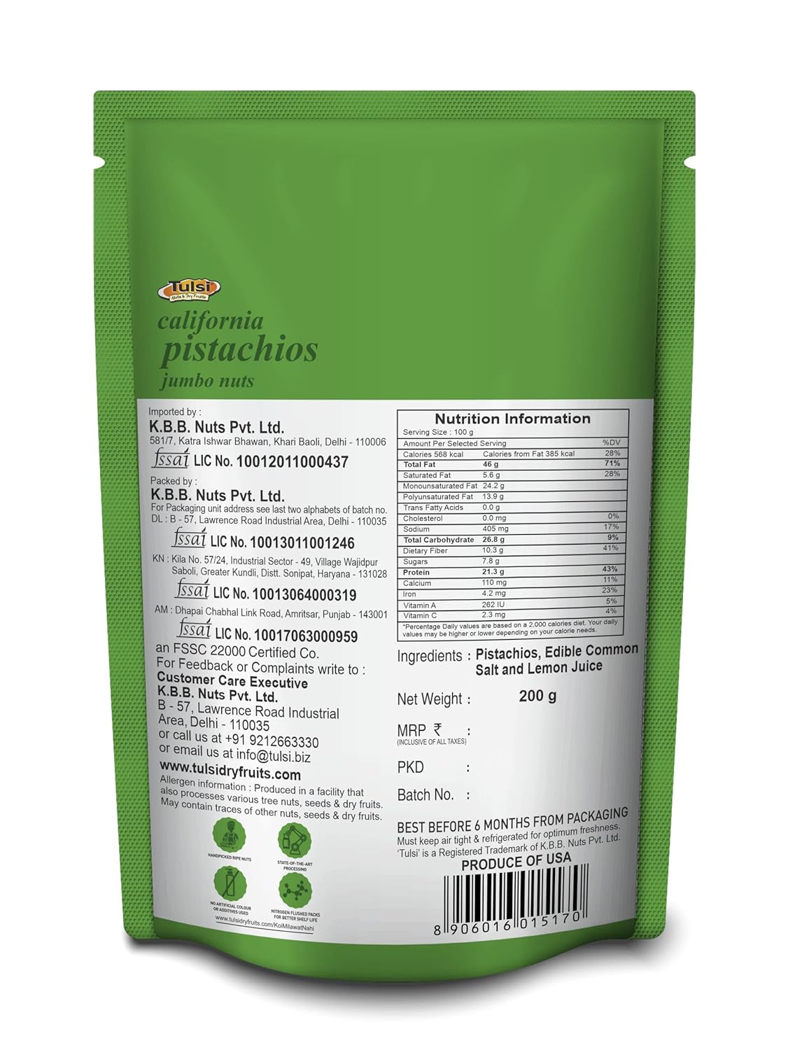 Tulsi Roasted California Pistachios, 200g