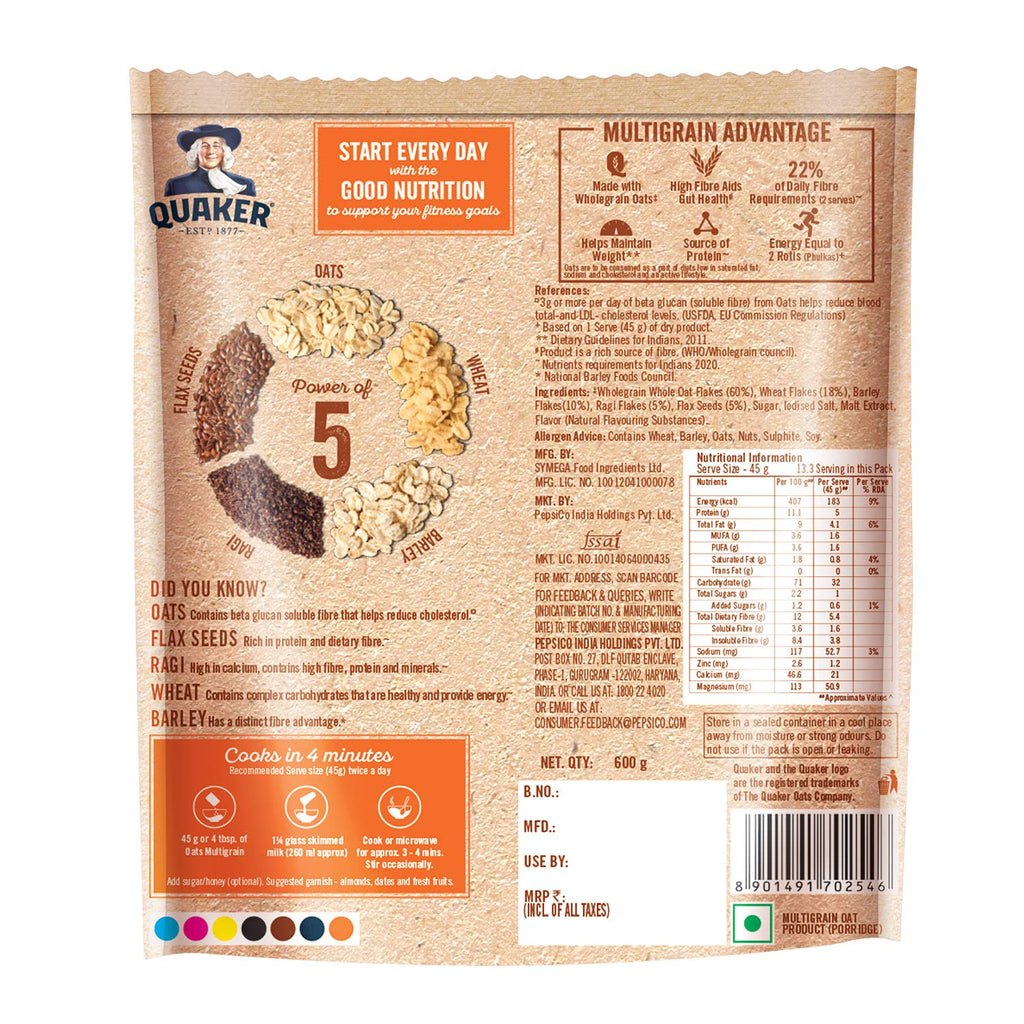 Quaker Oats Multigrain 600g, Rolled Oats, with Ragi, Barley, Flax seeds, and Wheat